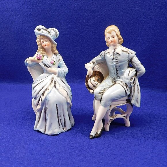 Vintage Porcelain Colonial Figurines Lady & Gentleman In Chairs Hand-Painted - Picture 1 of 8